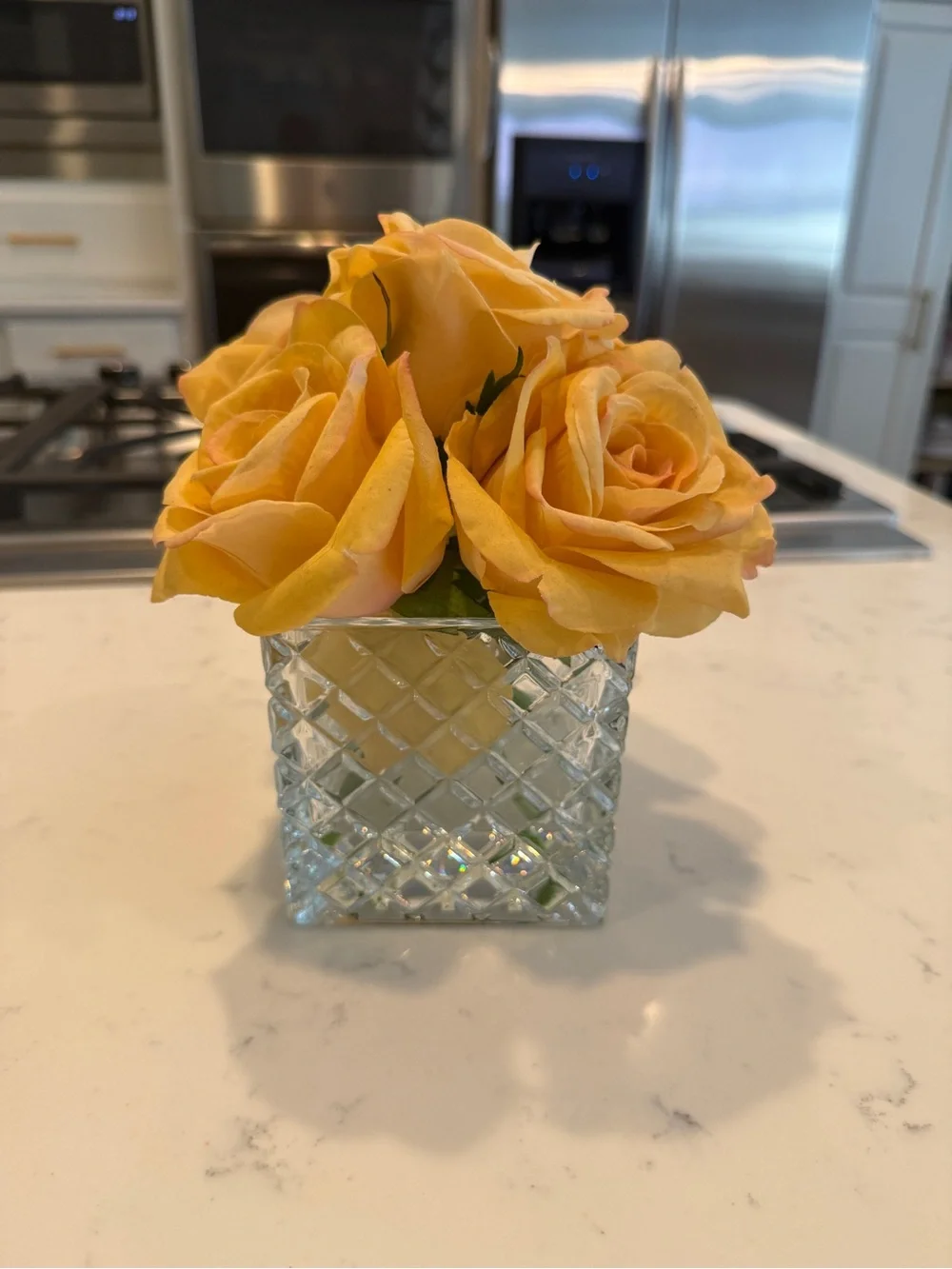 Ella Lux Real Touch Yellow Rose Floral Arrangement Glass Cube Vase Faux Flowers